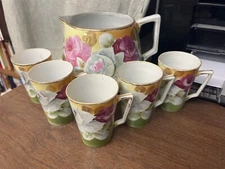 Vintage Hand Painted 6 Piece Lemonade Set Pitcher & 5 Cups, Roses Made in Japan