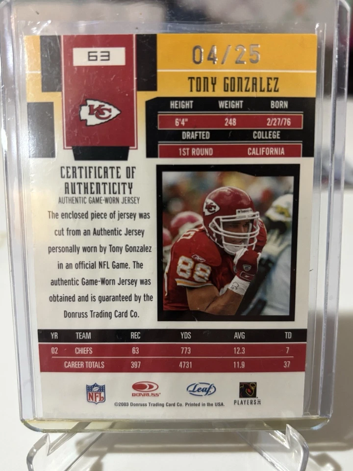 2003 Leaf Certified Materials - Tony Gonzalez #63 Gold Materials /25 (MEM) - Image 2 of 3