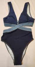 NWT CUPSHE X JoJo Fletcher Escaping Denim Effect Cutout One-Piece Swim- Sz Small