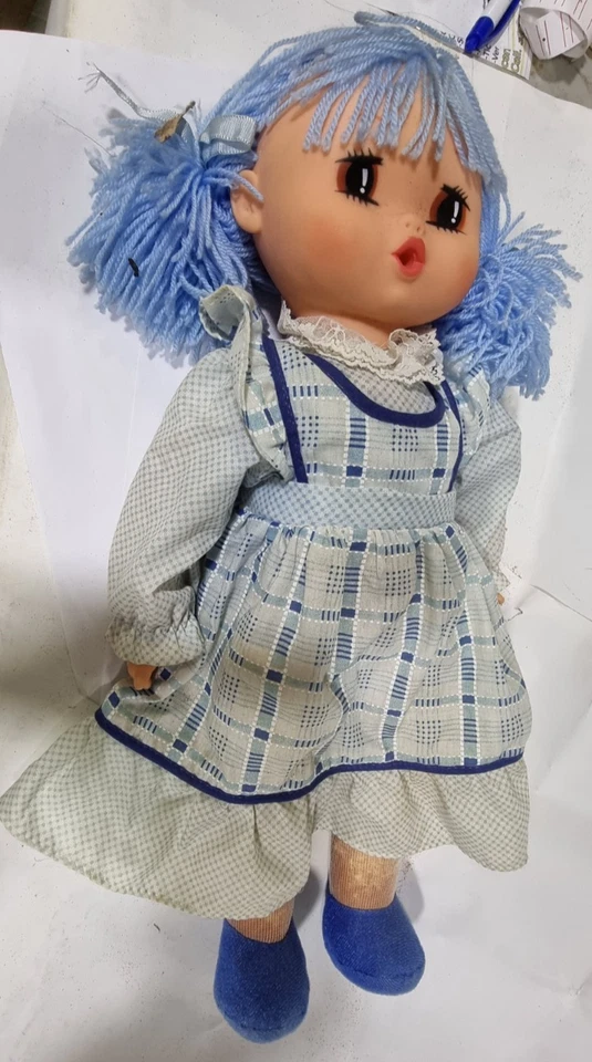 Bambola Occhioni Vintage Anni 70/80 Capelli Blu 50cm - RESTAURO IMBOTTITURA - Immagine 2 di 4