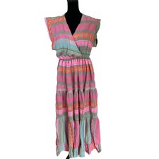 Sofia Collections Italy Neon Geometric Tribal Print Cotton Tiered Maxi Dress S