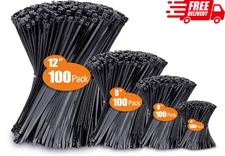 Zip Cable Ties Assorted Sizes(4”+6”+8”+12”) Heavy duty Nylon Black UV Resistant