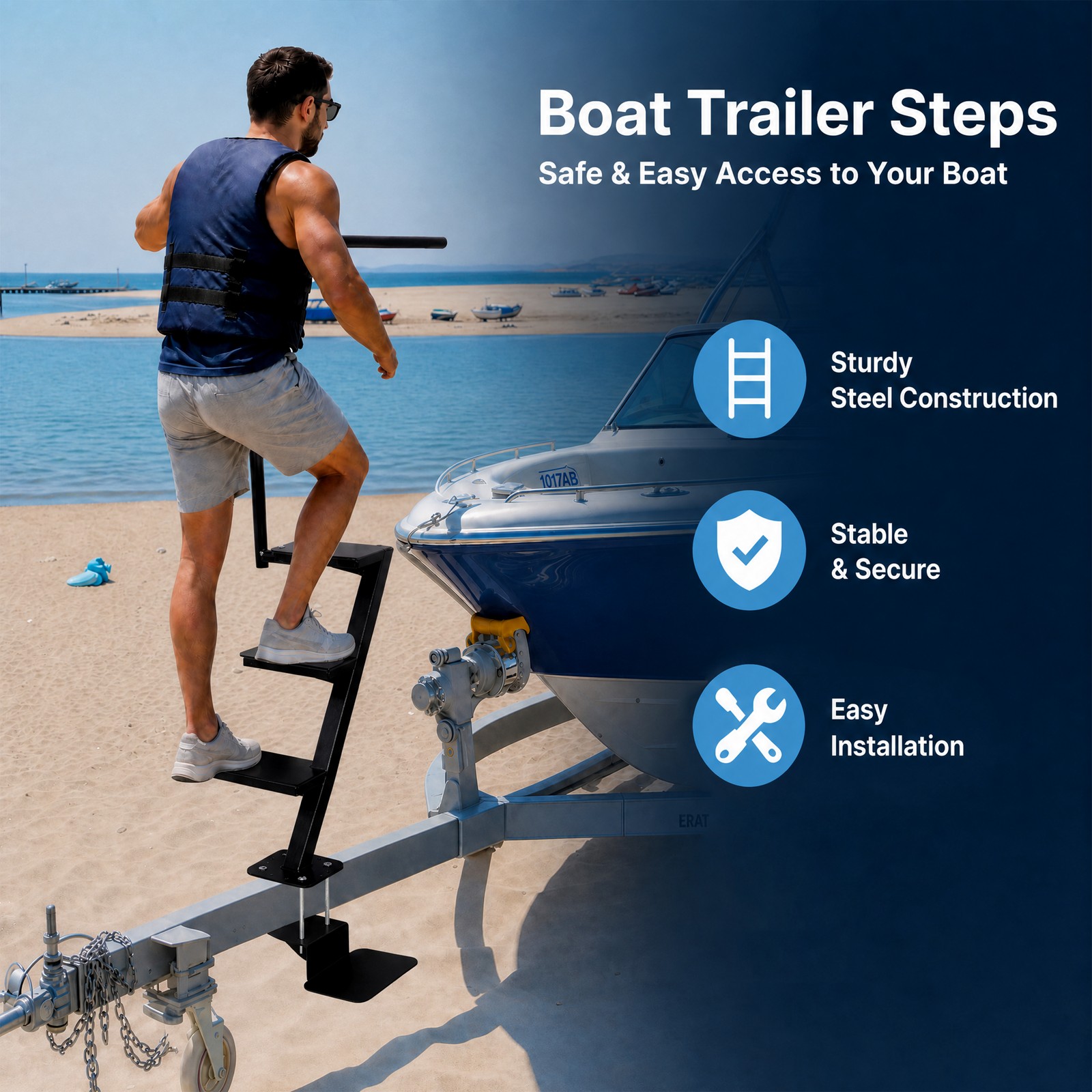 4 Step Boat Trailer Steps with Secure Handle, Tread Steel Trailer Tongue Ladder