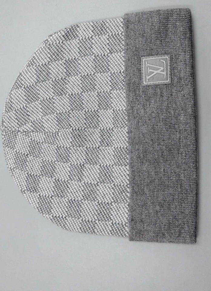 Louis Vuitton Gray Check Pattern Beanie Hat with LV Logo and Box | eBay