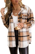 Womens Flannel Shacket Casual Jacket Plaid Button Down Long Sleeve Shirt Winter