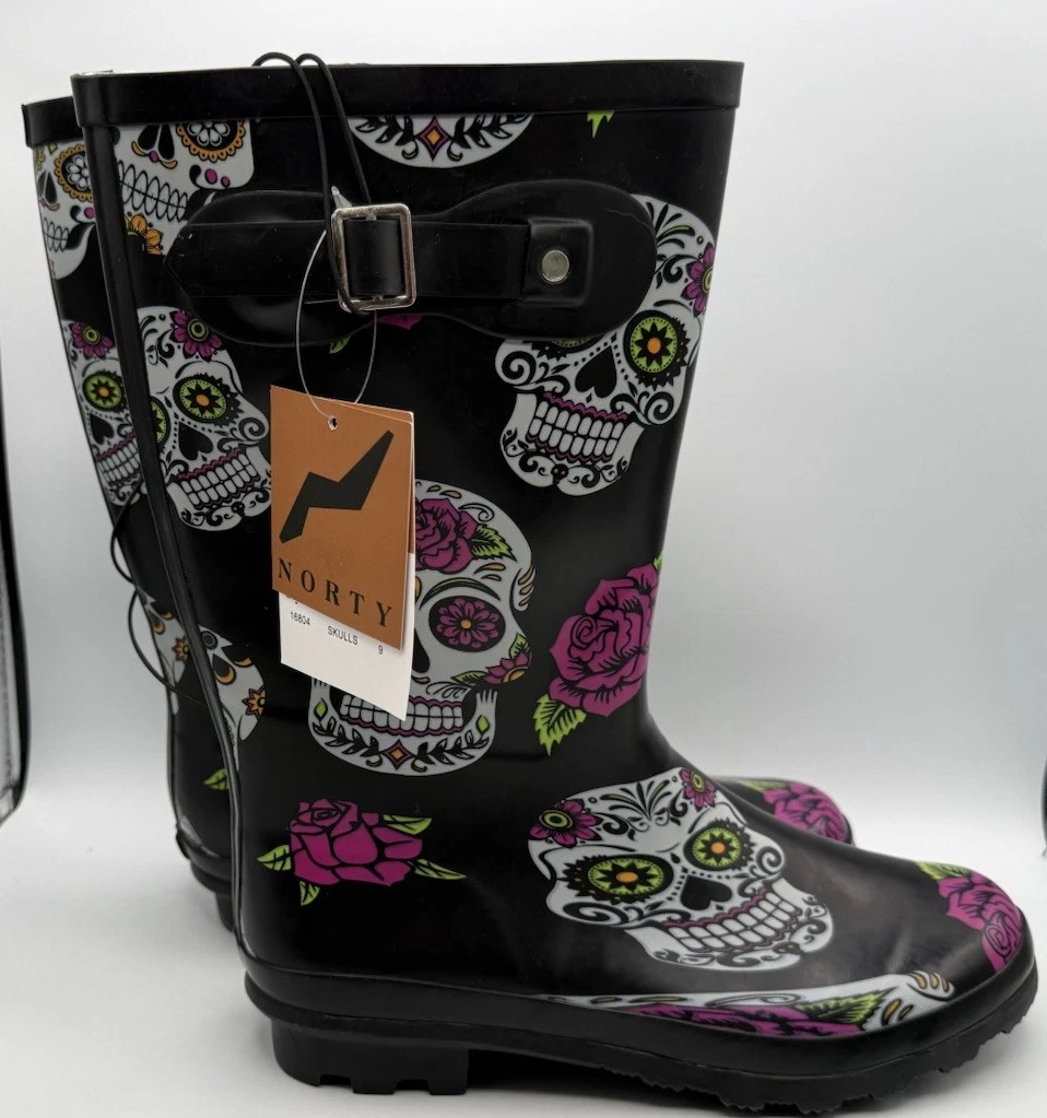 Women’s Black Rubber Boots With Sugar Skulls Size 9 Brand 100 % Rubber  New