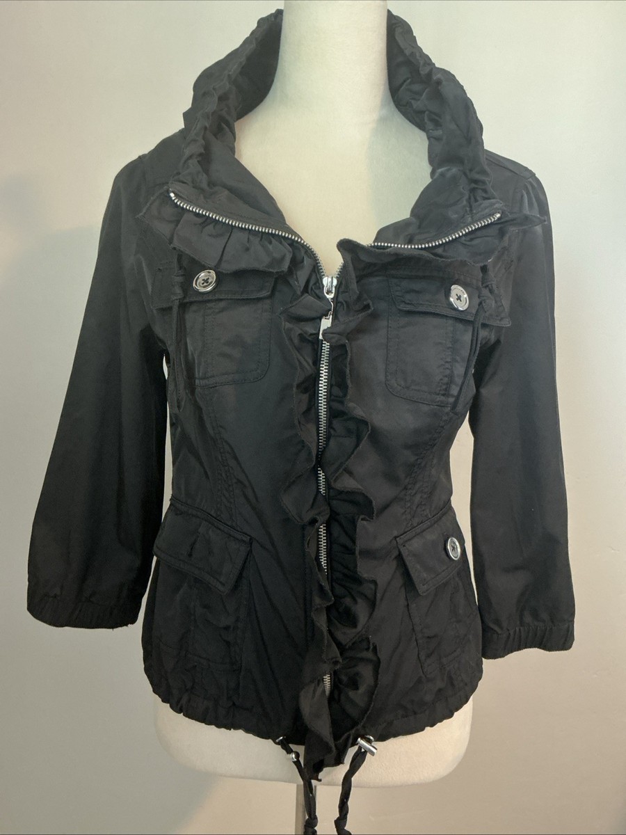 White House Black Market WHBM Black Ruffle Windbreaker Full Zip Sz 8