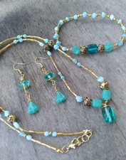 Handcrafted Beaded Jewelry Set Necklace Bracelet Earrings Gold Blue And Aqua