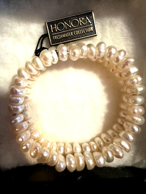 NWT Freshwater Pearl & Sterling Silver Double Strand Stretch Bracelet HONORA NWT