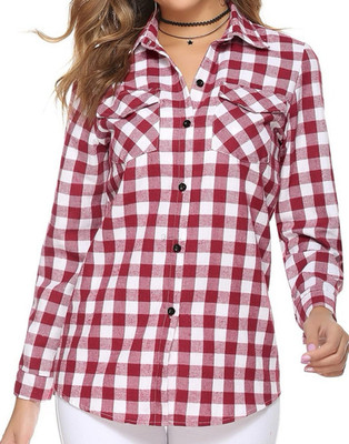 Damen Karo Bluse Hemd Rot-Weiß Gr. S Langarm Kragen Knöpfe Brusttaschen