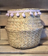 Woven Light Brown Decorative Planter Storage Pot with Pink Fringe detail #JRY16