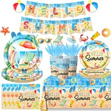 142 PCS Hello Summer Beach Pool Party Paper Plates Napkins Set Tableware