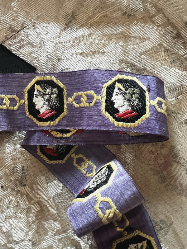 ANTIQUE FRENCH 1900 PURE SILK WATCH FOB RIBBON TRIM CAMEO MOTIF ORIG BRASS HOOKS