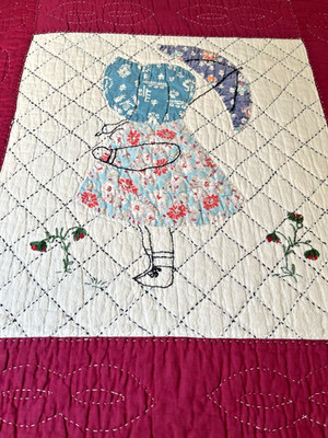 Vintage Sunbonnet Sue + Umbrella Handmade Quilt Applique Embroidery Feed Sack