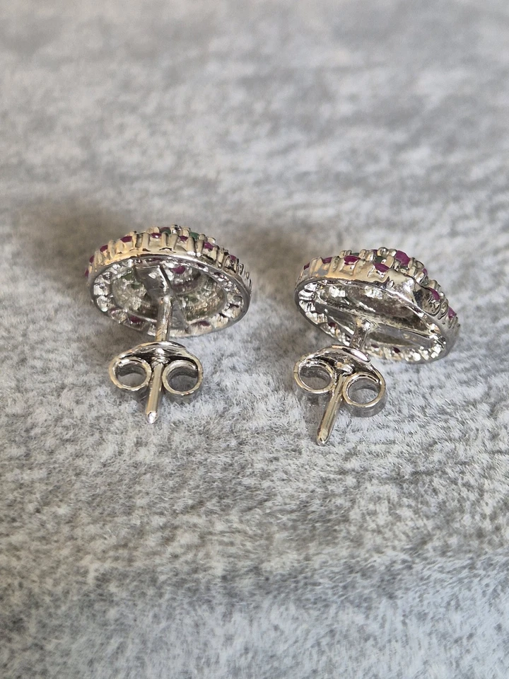 Stunning Ruby and Emerald Set Cluster Sterling Silver Earrings Studs - Image 4 of 4