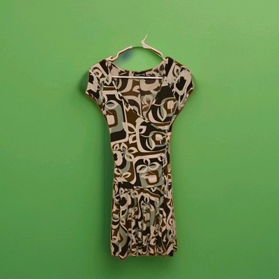 Byerwear Too! Dress Small Geometric Print V-Neck Cap Sleeve Ruched Side Women's