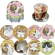 8 Pcs Cute Cat Diamond Art Painting Coasters Kits, Cat Coaster with Holder for A