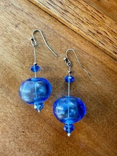 Handmade Silver And Blue Blown Glass Bead Dangle Drop Earrings
