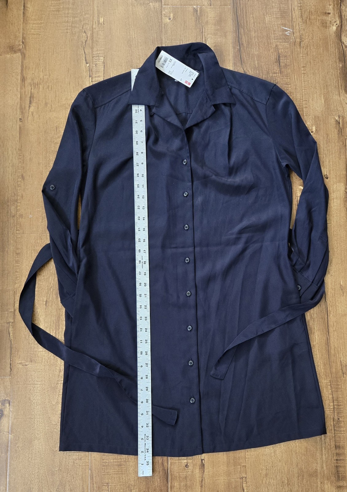 NWT Uniqlo Shirt Dress Women XS Navy Blue Button Front L/S Belt Tie Collar Knee thumbnail 5