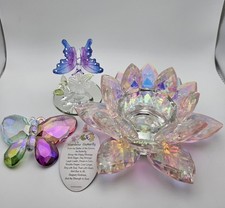 Iridescent Crystal Lotus Candle Holder w/ 2 Rainbow Butterfly Decor Pieces