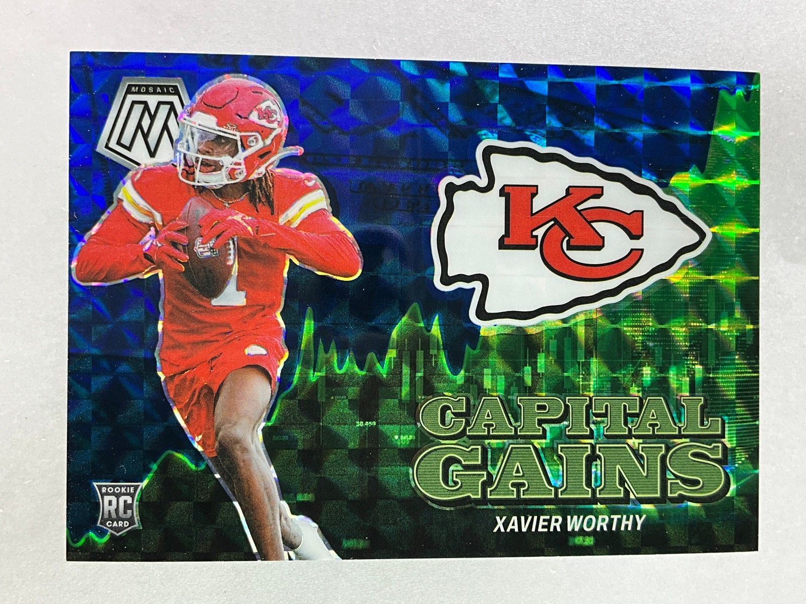 2024 Panini Mosaic Xavier Worthy Blue Prizm Capital Gains SP /99 Chiefs RC #25