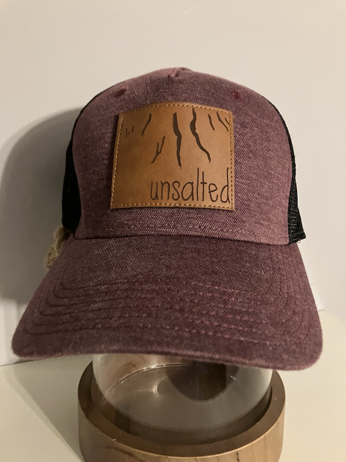 Unsalted Maroon Black Leather Patch Baseball Cap … - image 1