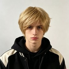 Men Blonde Layered Fluffy Short Pixie Wigs Natural Side Bangs Cosplay Full Wig