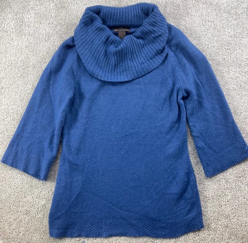Suéter Fenn Wright Manson Para Mujer L Azul Angora Mezcla Lana Manga 3/4 Capucha Cuello Foto 2 de 4