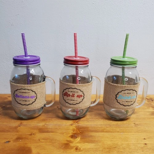 24 Oz. Mason Jar Multi-Color Drinkware Burlap Set - Lot of 3