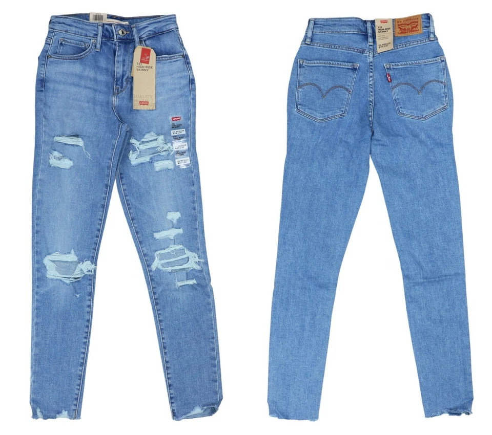 Levi's 721 Skinny Leg High Rise 24Wx30L Distressed Denim Jeans NWT Take Me Out
