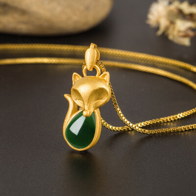 Green Natural Jade Fox Pendant Necklace Amulet 18K Gold Plated