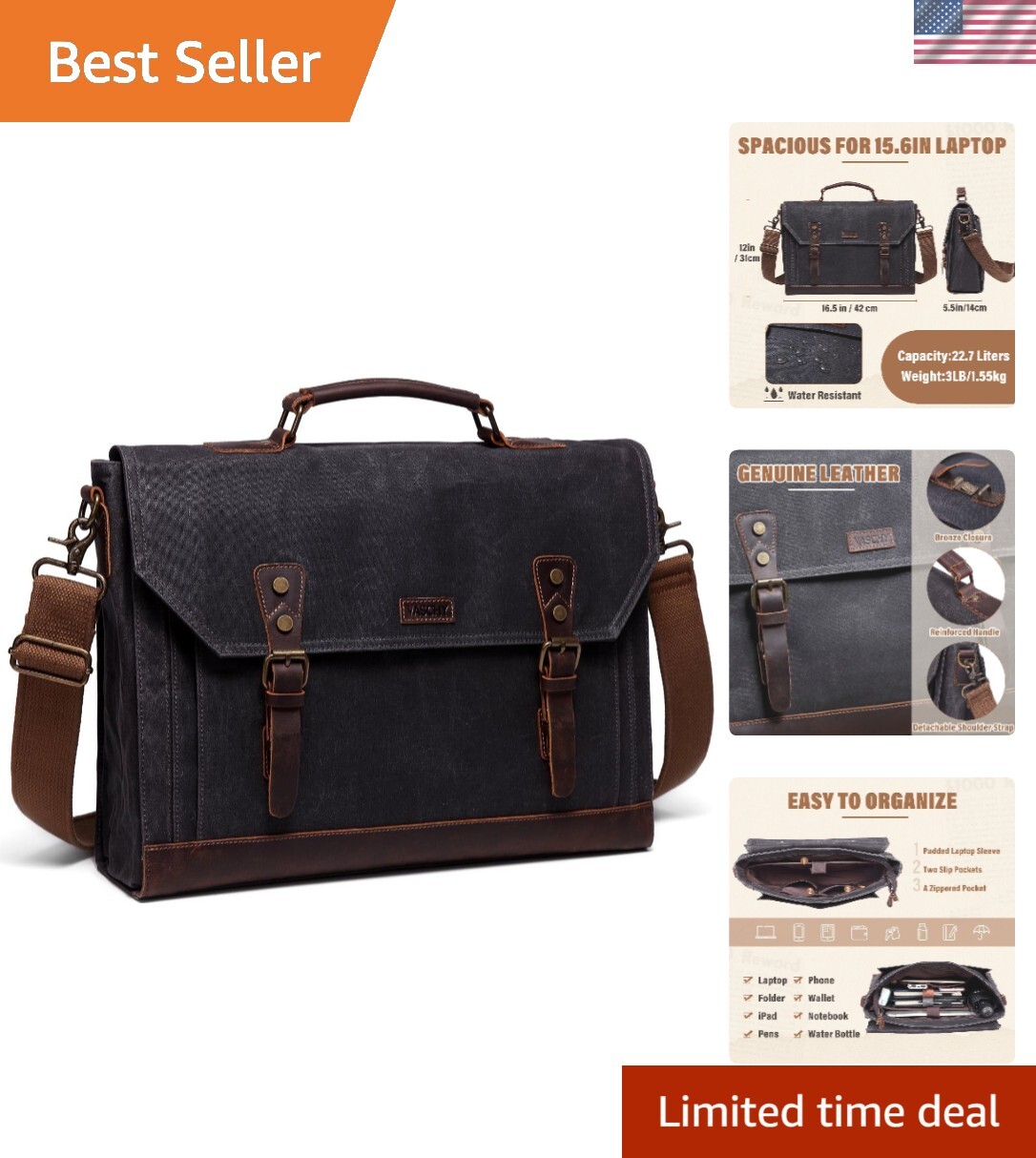 Vintage Canvas Leather Messenger Bag for Men - Laptop Satchel Shoulder Briefcase