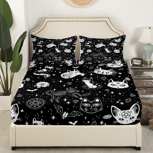 Cat Skeleton Fitted Sheet Set with 2 Pillowcase,Halloween Theme Gothic Skull ... - Picture 3 of 6