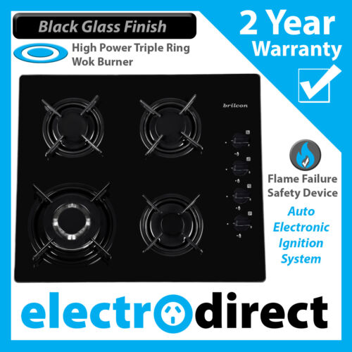 Brilcon 60cm Gas Cooktop Stove Black Glass Easy to Clean Cook Top Hob Cooker - Picture 1 of 3