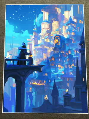 Magical Blue City with Wizard, Poster 18x24in