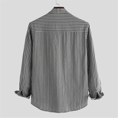 Herren-Retro-Streifen-Langarmhemd Kragenlose Freizeithemden Für Opa To△ ≌ - Bild 7 von 15