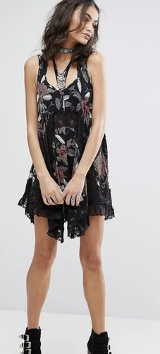 Free People Intimately She Swings Floral Lace Insert Boho Slip Dress Black Red S - Picture 2 of 13