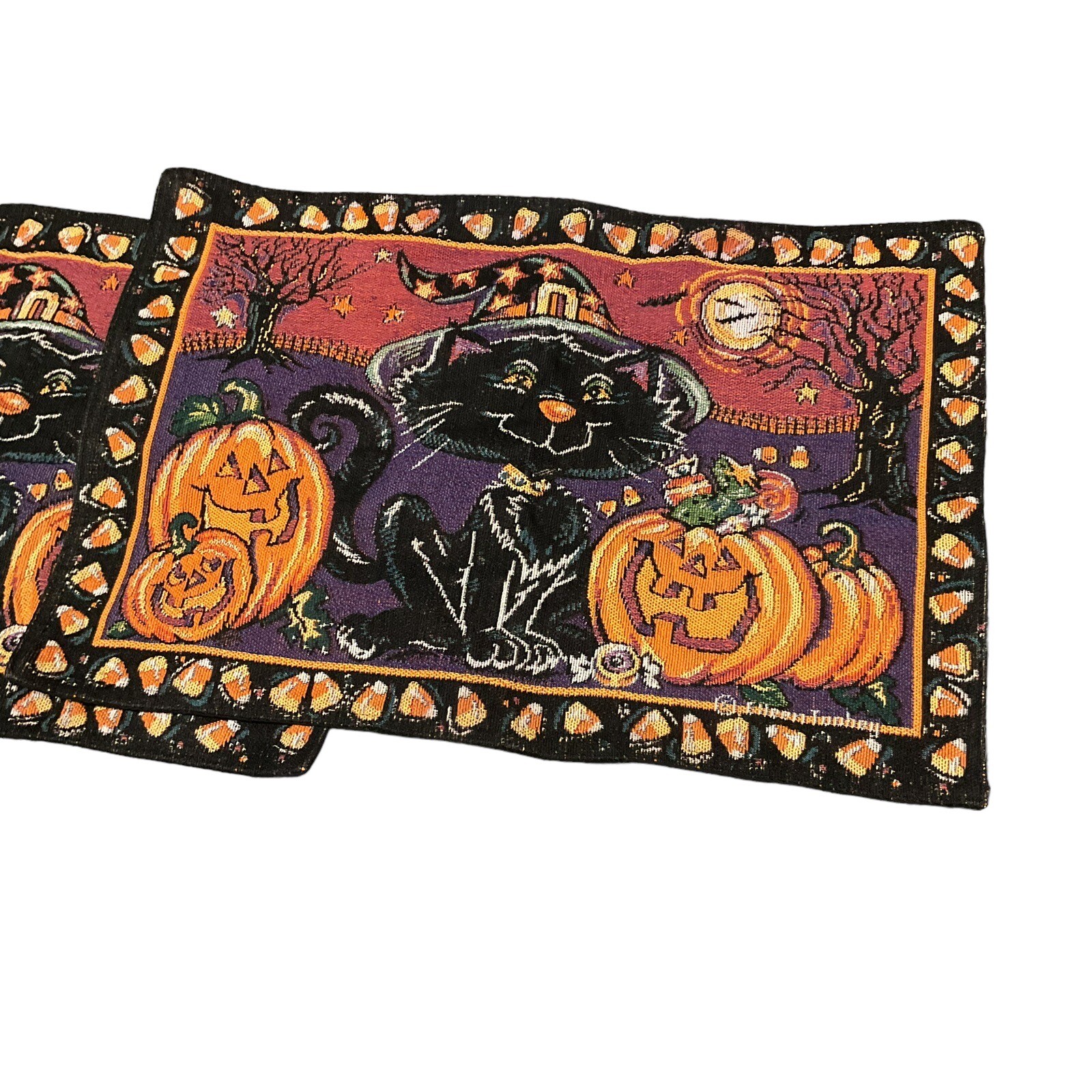 Vintage 1990s Halloween Tapestry Placemats Black Cat Pumpkin Candy Corn