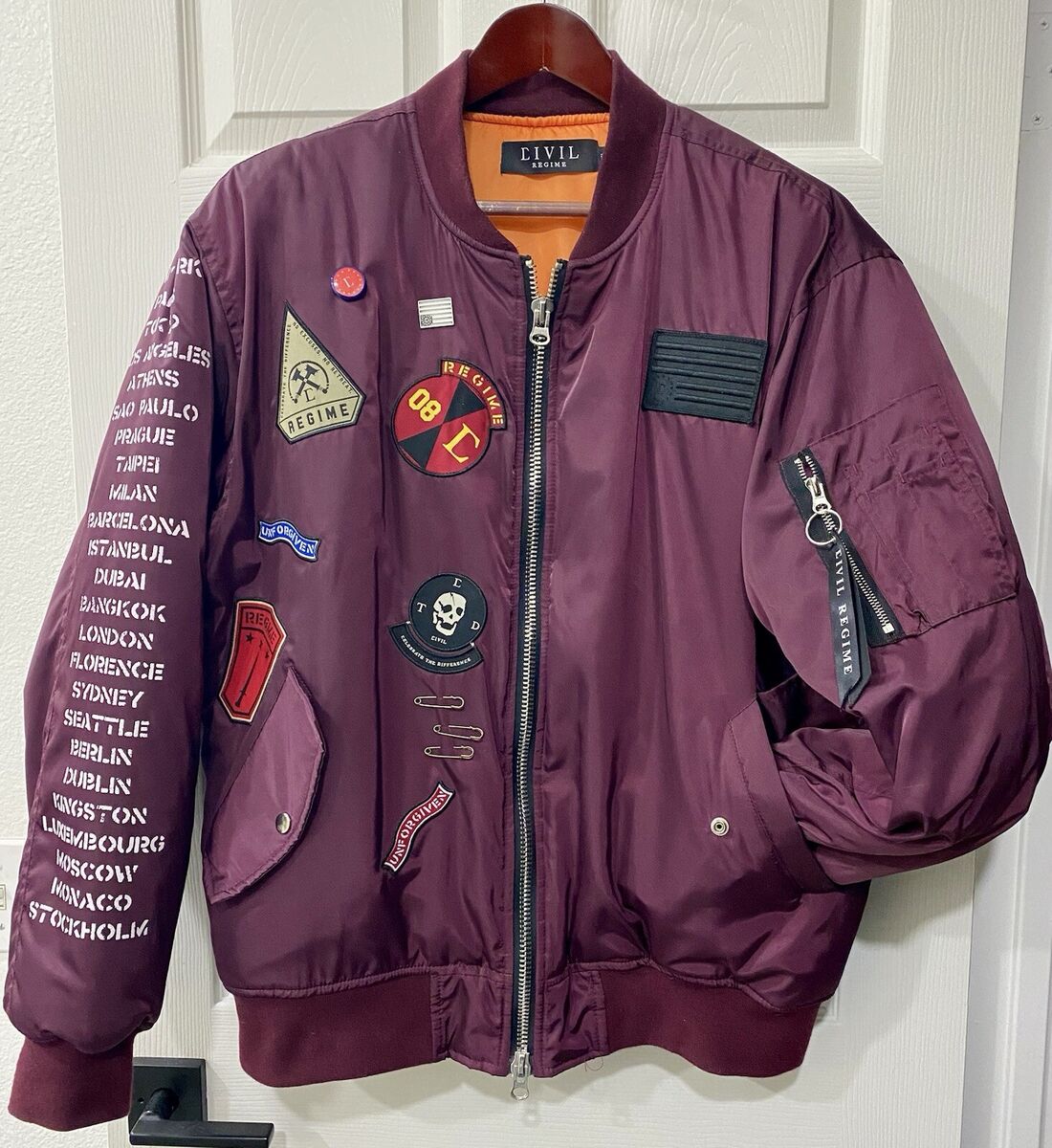 Civil Regime XL Burgundy Bomber Jacket with Patches Civil Regime XL Burgundy Bomber Jacket with Patches