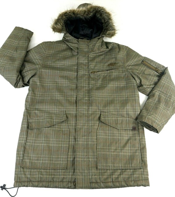 Billabong Mens Green Plaid Snowboard Ski Winter Jacket Parka Hood Fur
