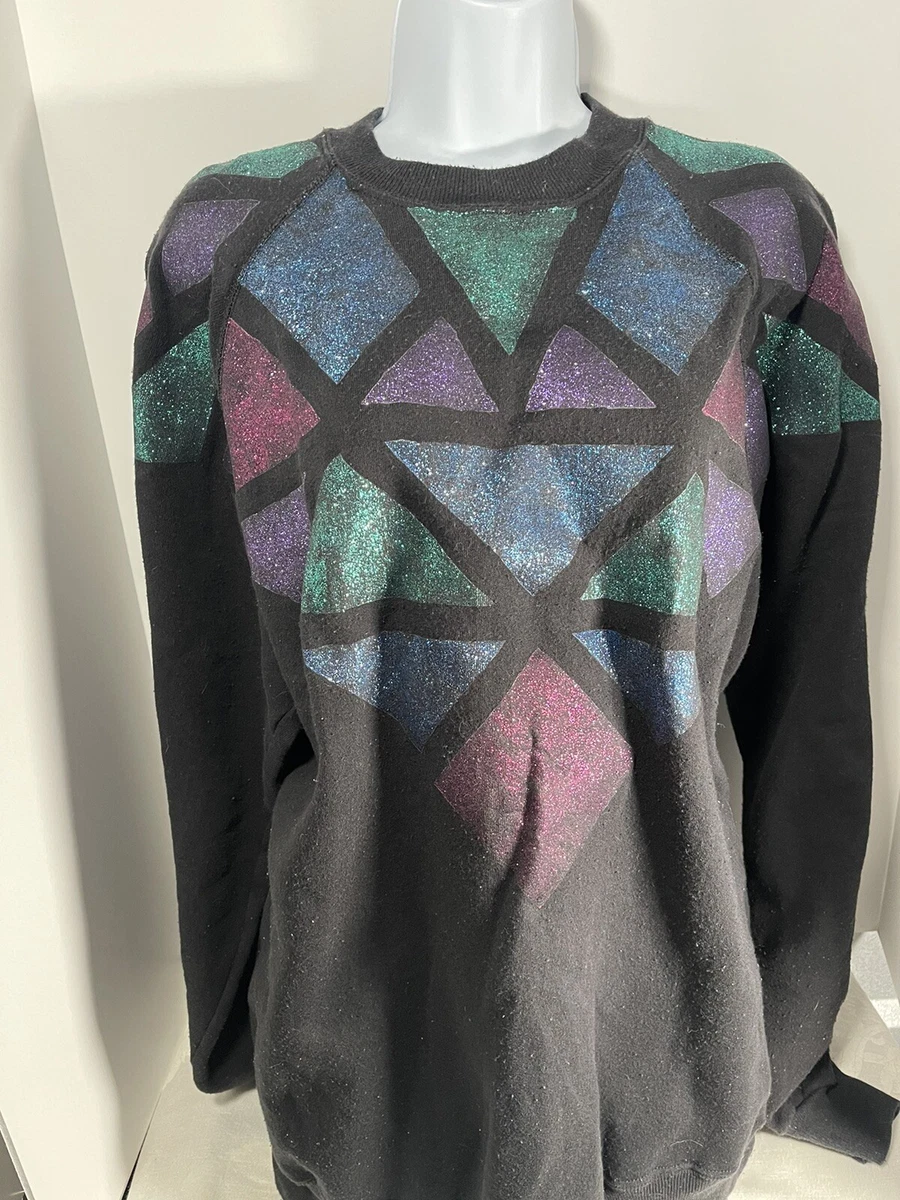 Vintage 90s Hanes ActiveWear Sweatshirt color block glitter made USA  sparkles