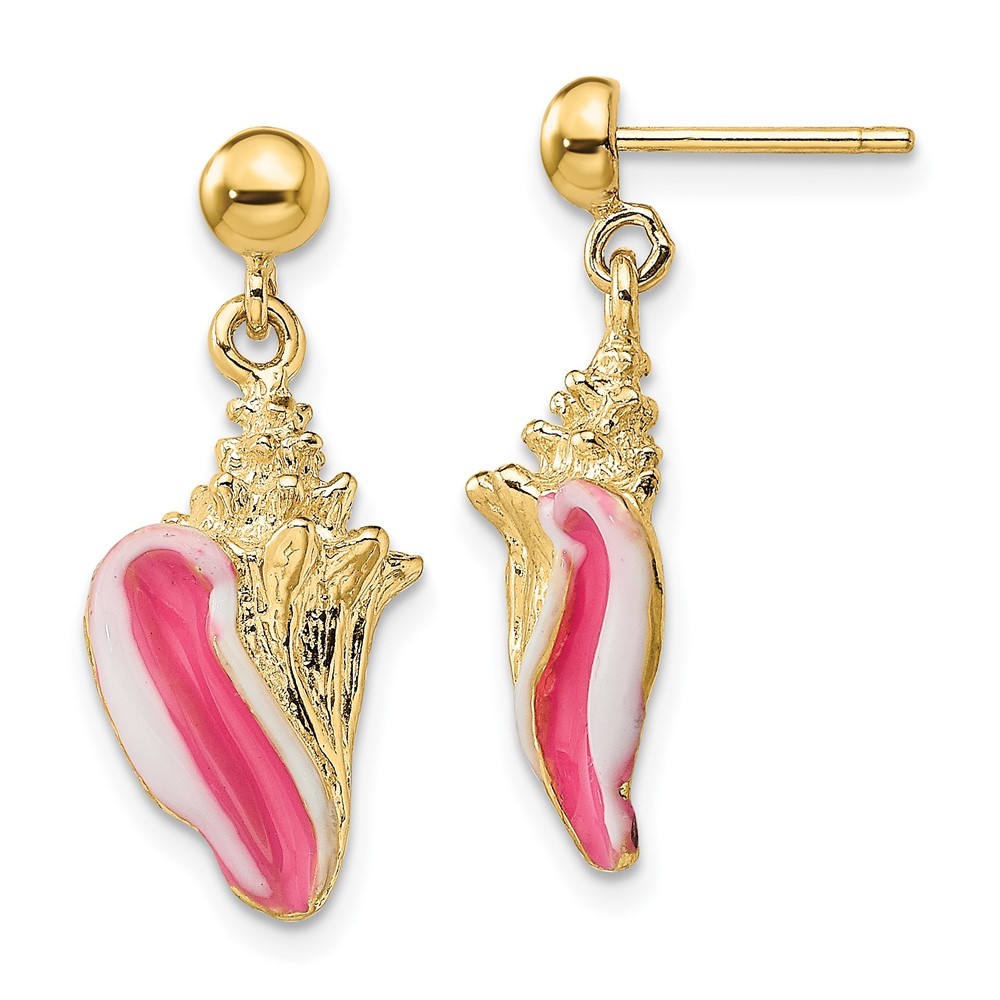 14K Yellow Gold White and Pink Enamel Conch Shell Drop & Dangle Earrings 4.29gm