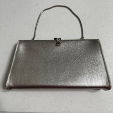Vintage Silver Metallic Kiss Lock Clutch Evening Bag Handbag Hidden Chain Strap