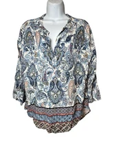 DR2 Ladies 3/4 Sleeves Paisley Print Top Boho Hippie Peasant Medium