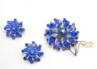 Vtg. Signed "WEISS" Blue Clear Rhinestone Costume Jewelry Brooch + Earrings - 06