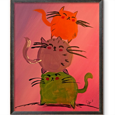 The Purramid 11x14 Folk Art Cat Acrylic Painting Canvas Signed Home Wall Decor
