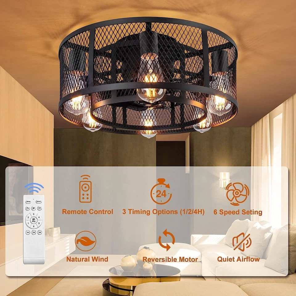 Cage Ceiling Fan with Light - 21'' Farmhouse Flush Mount Ceiling Fan Remote C... - Image 2 of 4