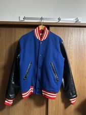 SWG Baseball Jacket L Blue/Black Wool & Leather Sleeve Vintage Used