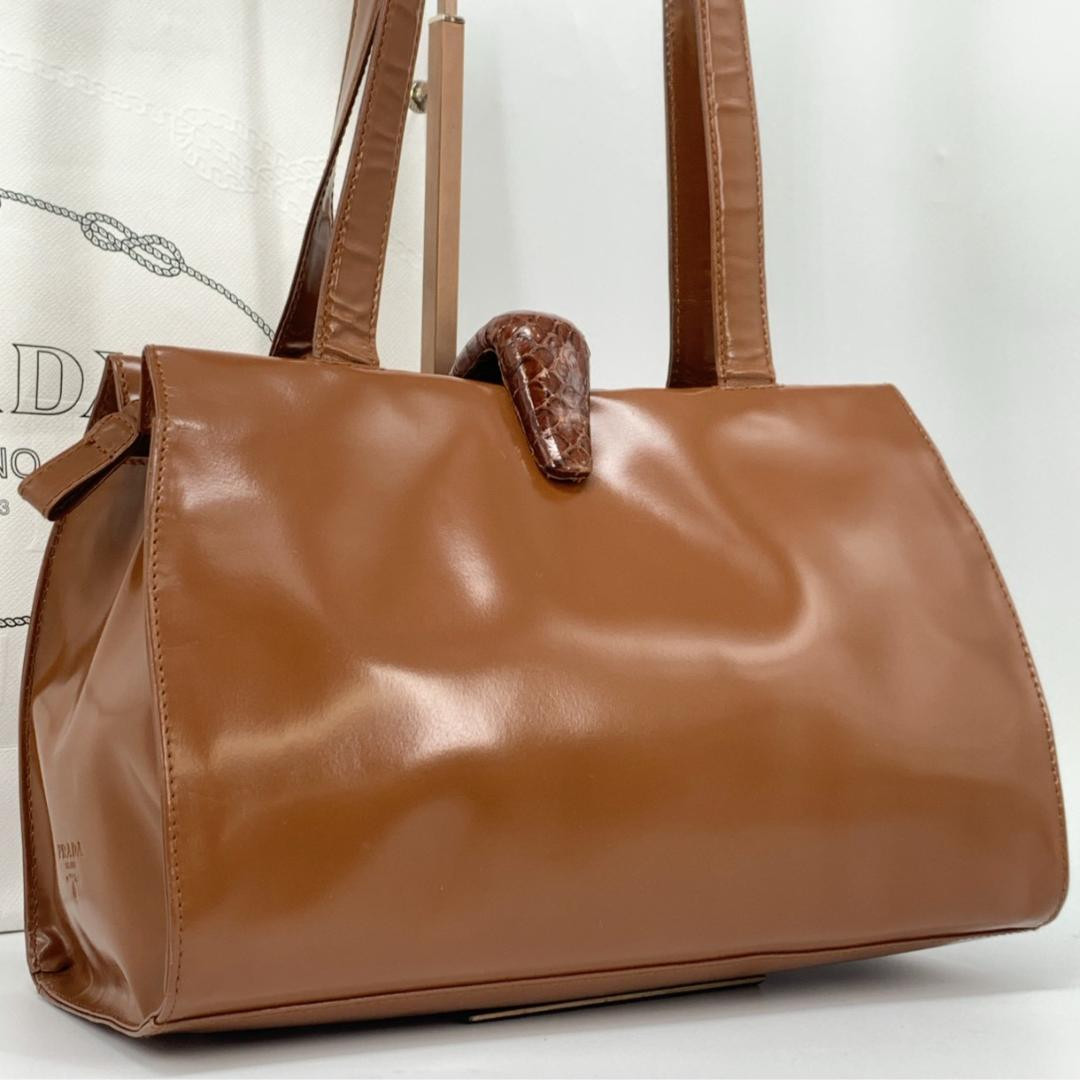 PRADA Patent Leather Python Embossed Tote Shoulde… - image 4