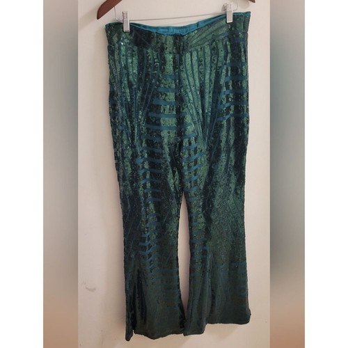 Green Sequined Velvet Patterned Bootleg Pants Size 2xl (Best For 18)